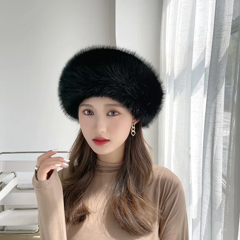 Faux Fur Winter Hat for Women Beanies Solid Color Plush Outdoor Warm Fluffy Snow Ski hats Russian Cap Female