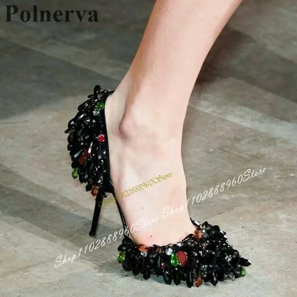 

Sparkling Black Stringbead Shallow Sandals Thin High Heel Women Shoes Ankle Buckle Strap Pointed Toe Sexy Catwalk Women Sandals