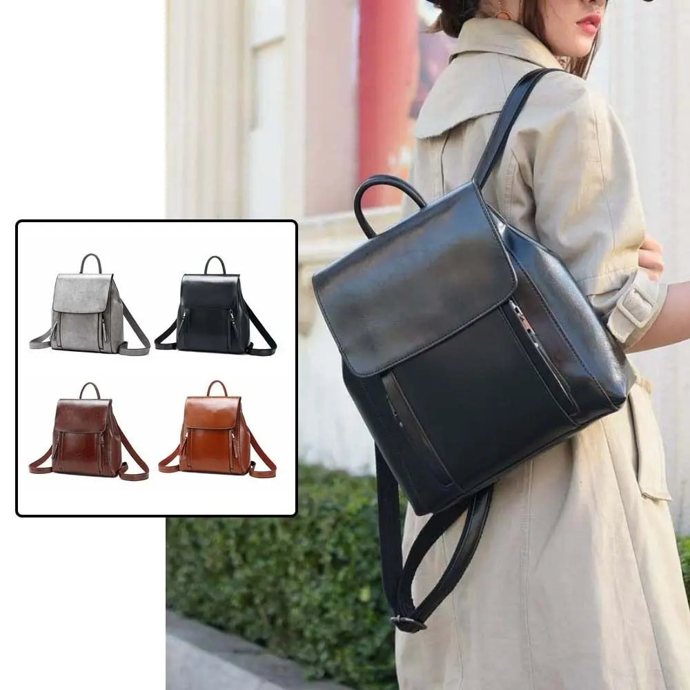 Retro Leather Backpack Women Large Capacity Magnetic Buckle Oil Wax Rucksack Multi-Pocket Soft-Touch Anti-Theft Travel Bag