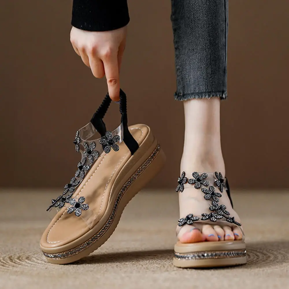 Women's Bohemian Rhinestone Wedge Sandals, Elastic Ankle Strap Transparent Platform Shoes, Casual Summer Wear view 4