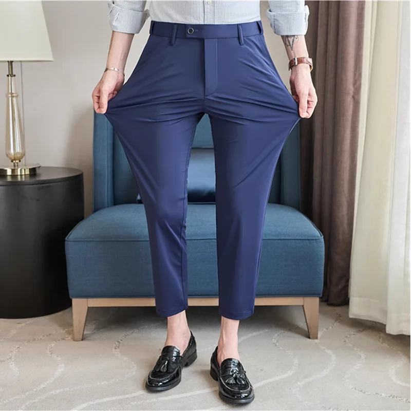 

Summer New Ice Silk High Elastic Men Pants High Quality Solid Color Breathable Slim Fit Formal Business Office Casual Pant 38-29
