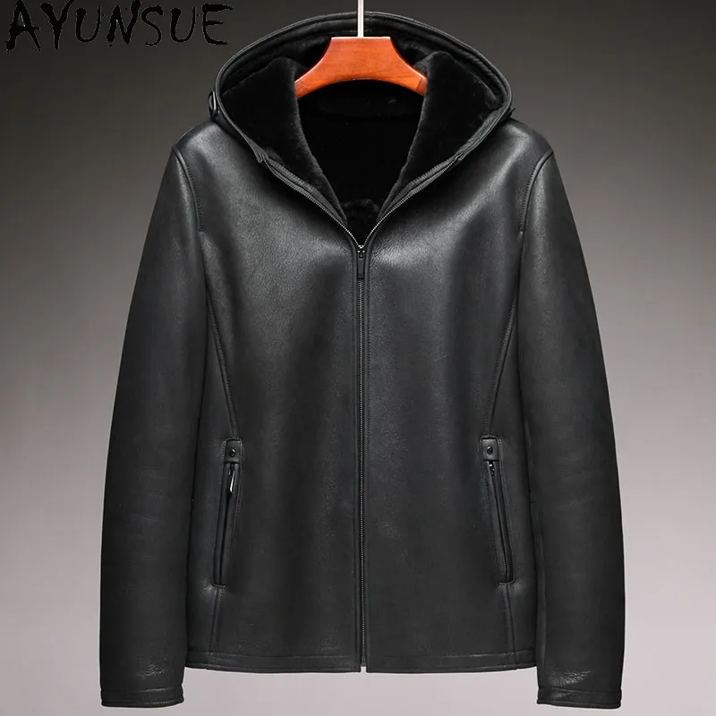 AYUNSUE 本物のメリノ羊の毛皮のジャケット男性用フード付き冬本革ジャケット男性ビジネスカジュアル暖かい天然毛皮のコート
