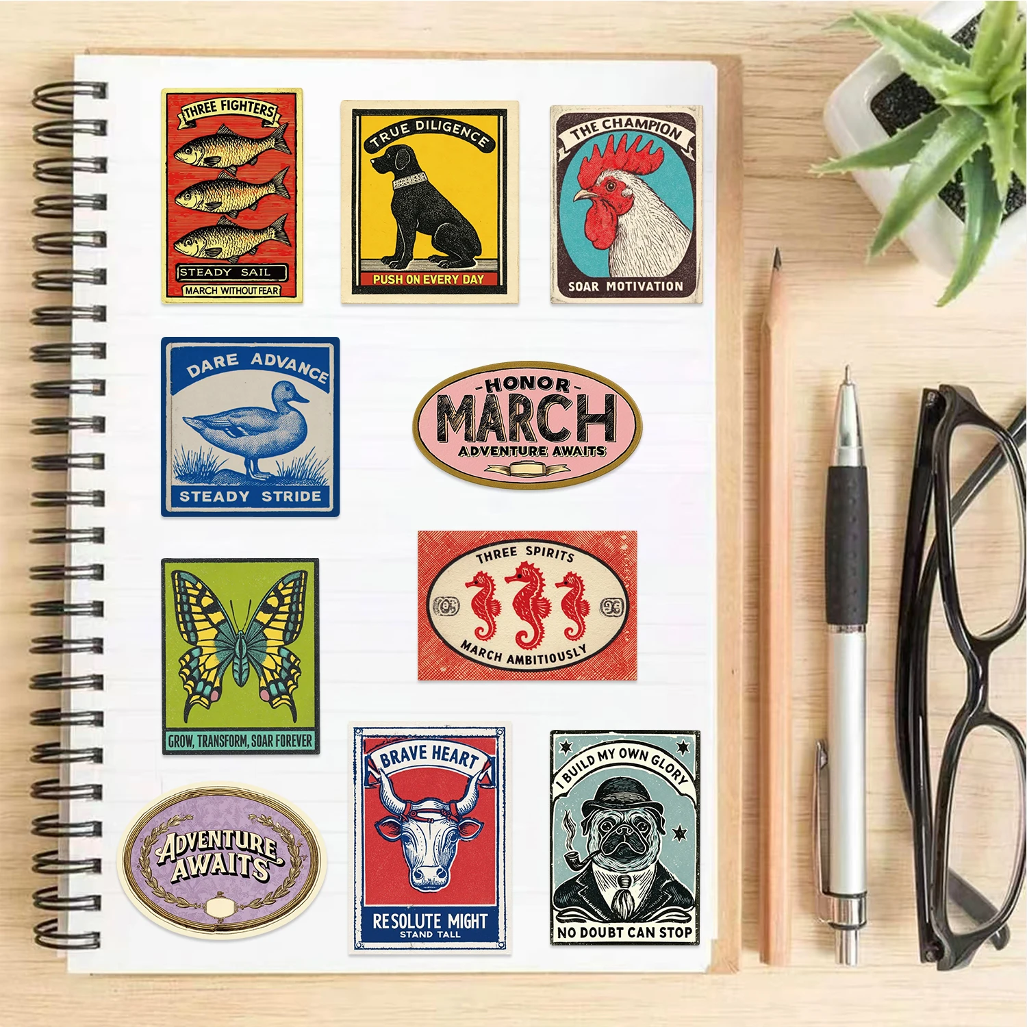 50 retro inspirational animal poster stickers, featuring vintage-style old signage with motivational slogans. These water-resist
