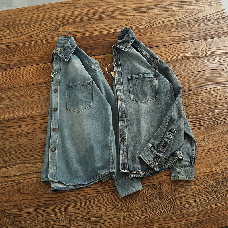 Retro American Washed Denim Shirt Jacket Thin Men's Long Sleeve Autumn New Style Couple Workwear Top Fashion Urban Style