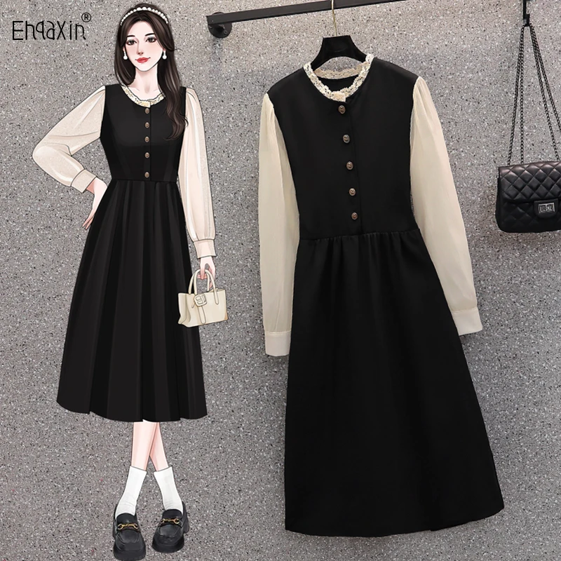 

EHQAXIN 2024 Autumn Womens Dress Fashion New Korean Gentle And Simple Wooden Ear Collar Panel Buttons Long Sleeve Dresses M-4XL