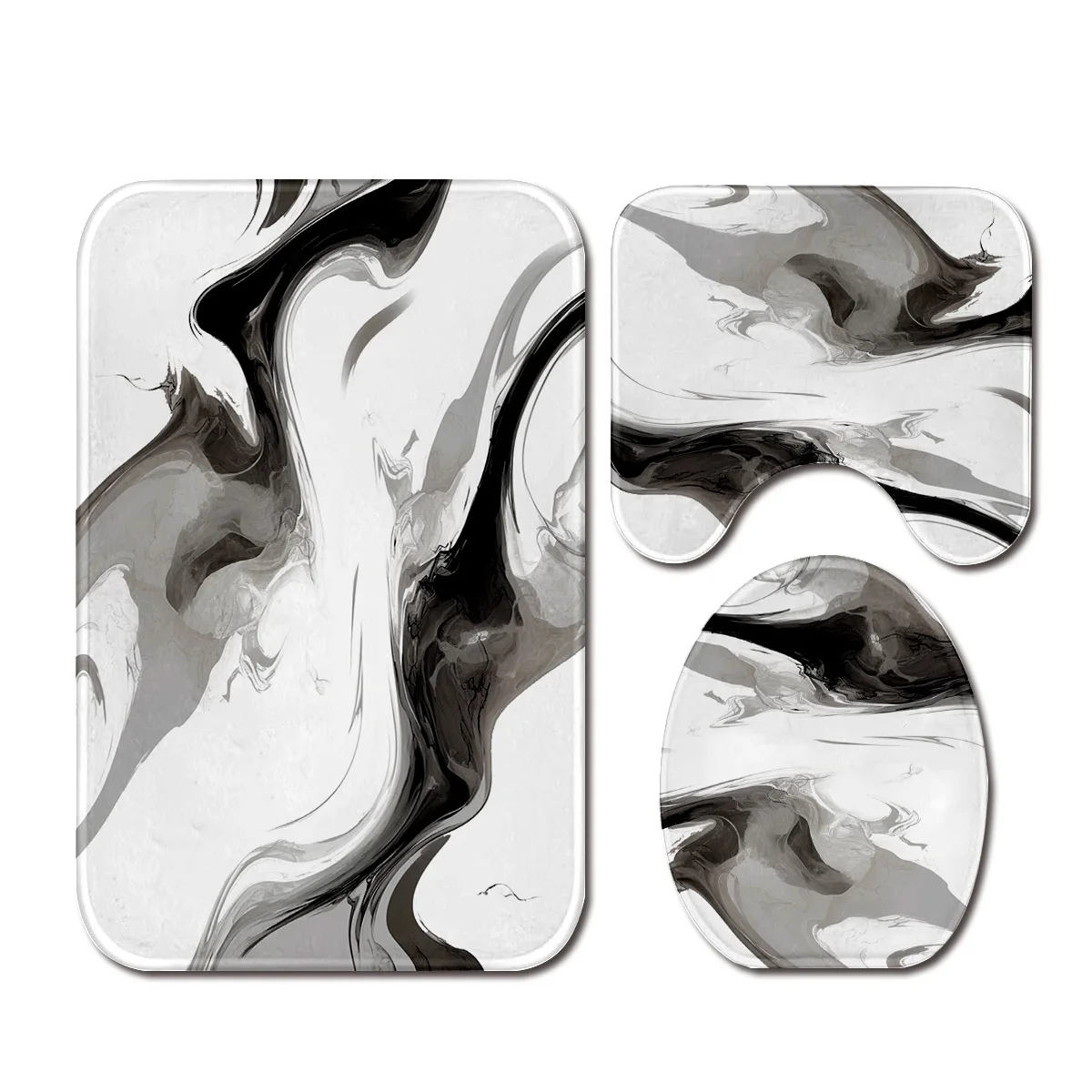 

3pc Ink style bathroom decoration, polyester fabric, machine washable, U-shaped mat, non-slip mat, toilet lid mat