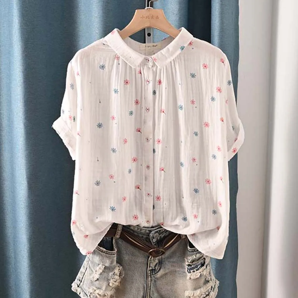 

Women's Floral Print Button-Down Blouse, Short Sleeve Collared Shirt, Casual Lightweight Summer Top for Daily Wear