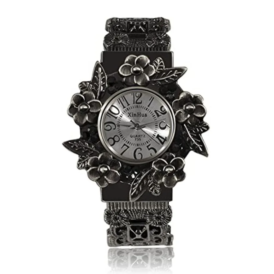 

Women Vintage Cuff Bangle Bracelet Watch Carved Flowers Analog Quartz Wrist Watch