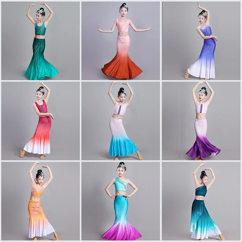Costume de danse Dai pour enfants, jupe justaucorps queue de poisson + haut, robe de danse nationale traditionnelle de paon, Costume de spectacle sur scène