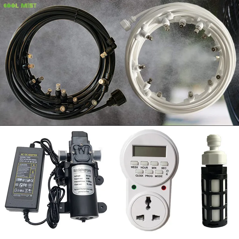 

A26 Water mist pump 12V 60W smart timer watering kits slip lock mist nozzle fine fog cooling misting system automatic irrigation