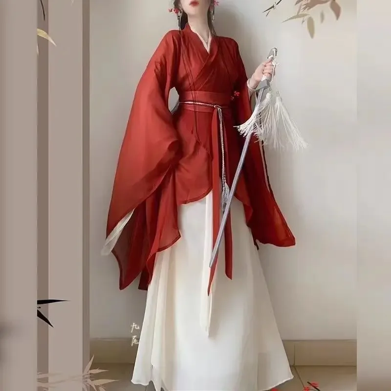 Robe Hanfu chinoise rouge et blanche pour femme, costume de cosplay de carnaval, tenue de fête, prairie traditionnelle, vintage, été