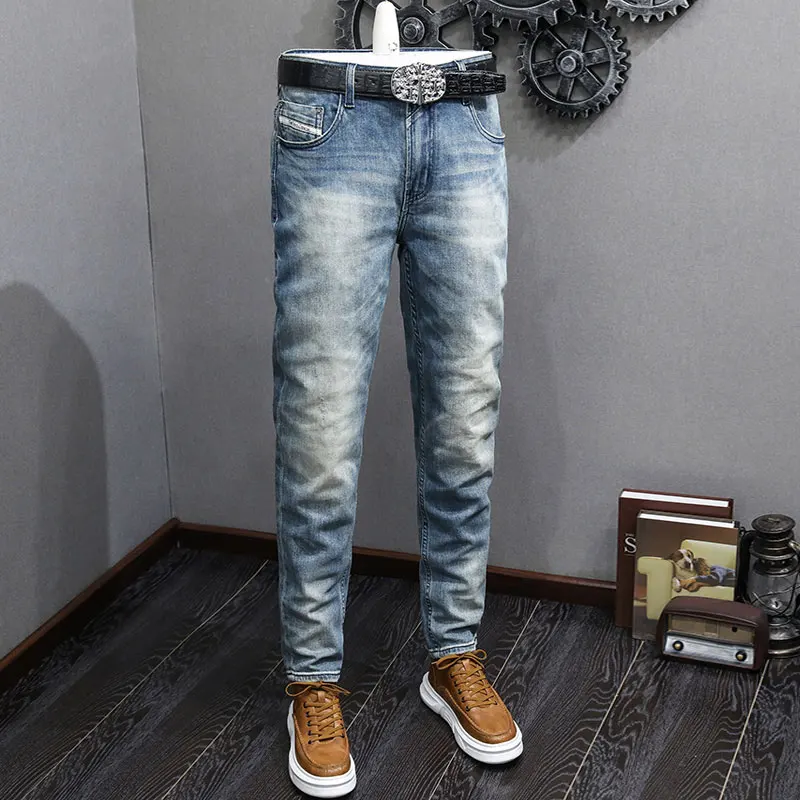 

Fashion Designer Men Jeans High Quality Retro Washed Blue Stretch Slim Fit Ripped Jeans Men Italian Vintage Denim Pants Hombre