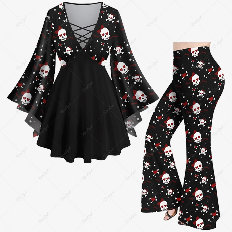 

Valentine's Day New Skull Skeleton Heart Ribbon Stars Print Flare Sleeve Top Or Flare Pants Daily Casual Festival Matching Set