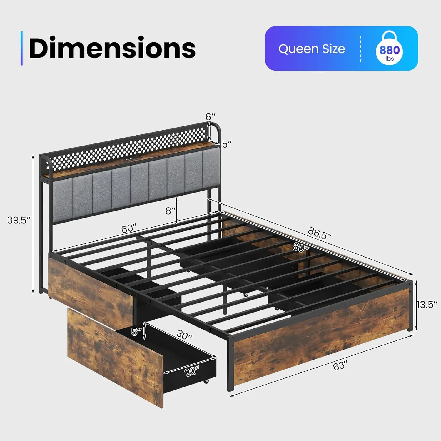 Metalen platformbedframe met gestoffeerd hoofdeinde en afstandsbediening, matrasfundering, geen boxspring nodig