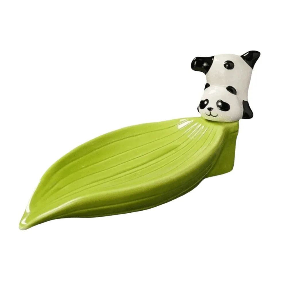 

Green Ceramic Self Draining Soap Holder Bamboo Cute Soap Tray Creative Panda Soap Dish Home