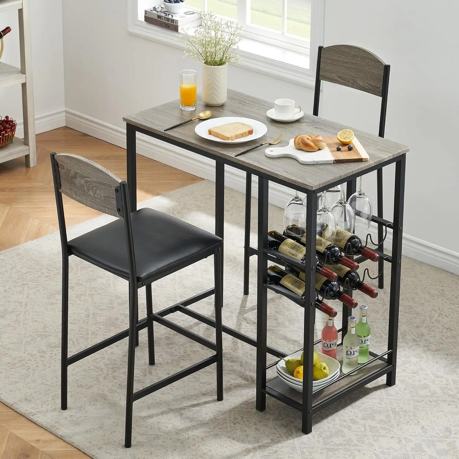 Bar Square Table and 2 Chairs Set with Storage Shelf and Wine Rack Tall Kitchen Counter Dining Table Breakfast Coffee Table