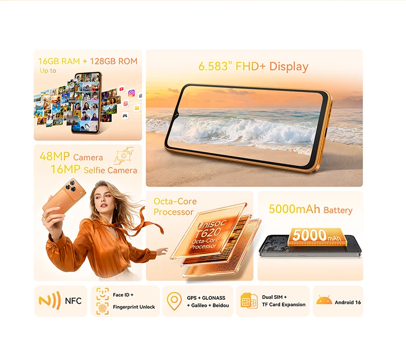 Smartphone Android 16 Cubot A50, 6.58-inch FHD+ Screen, Octa-core, 16GB(6+10) RAM, 128GB ROM, 5000mAh Battery, 48MP+16MP Cam,NFC