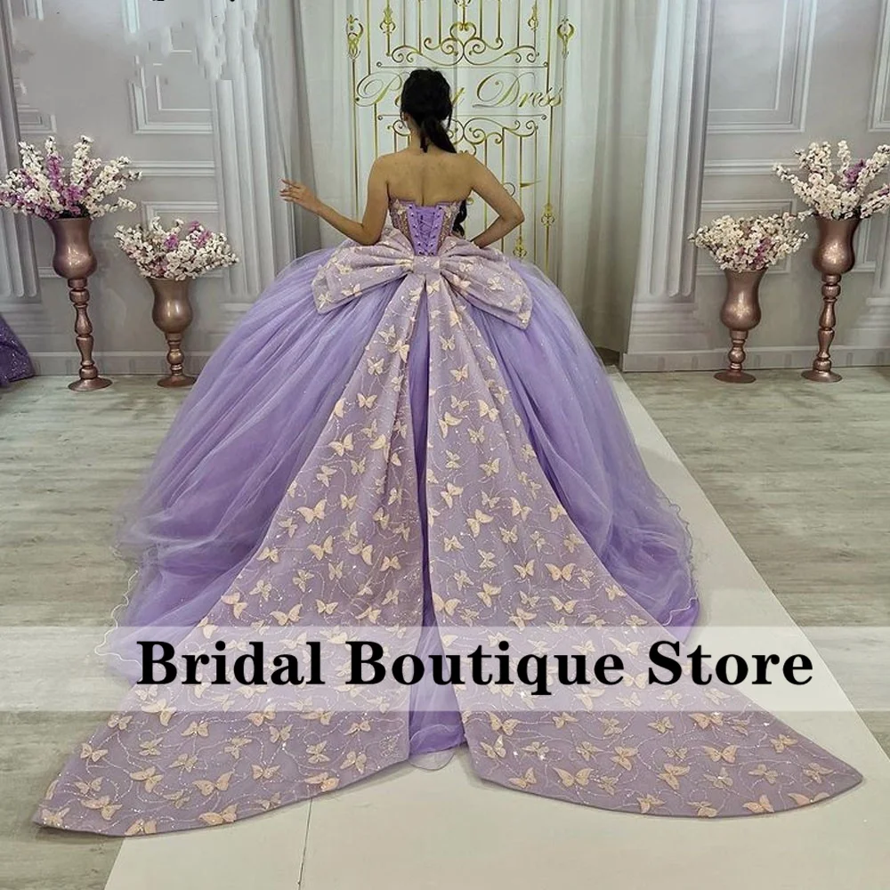 Mexican Lilac Princess Ball Gown Quinceañera Dresses With Bow Appliques Beads Birthday Party For 15th Girls Customized