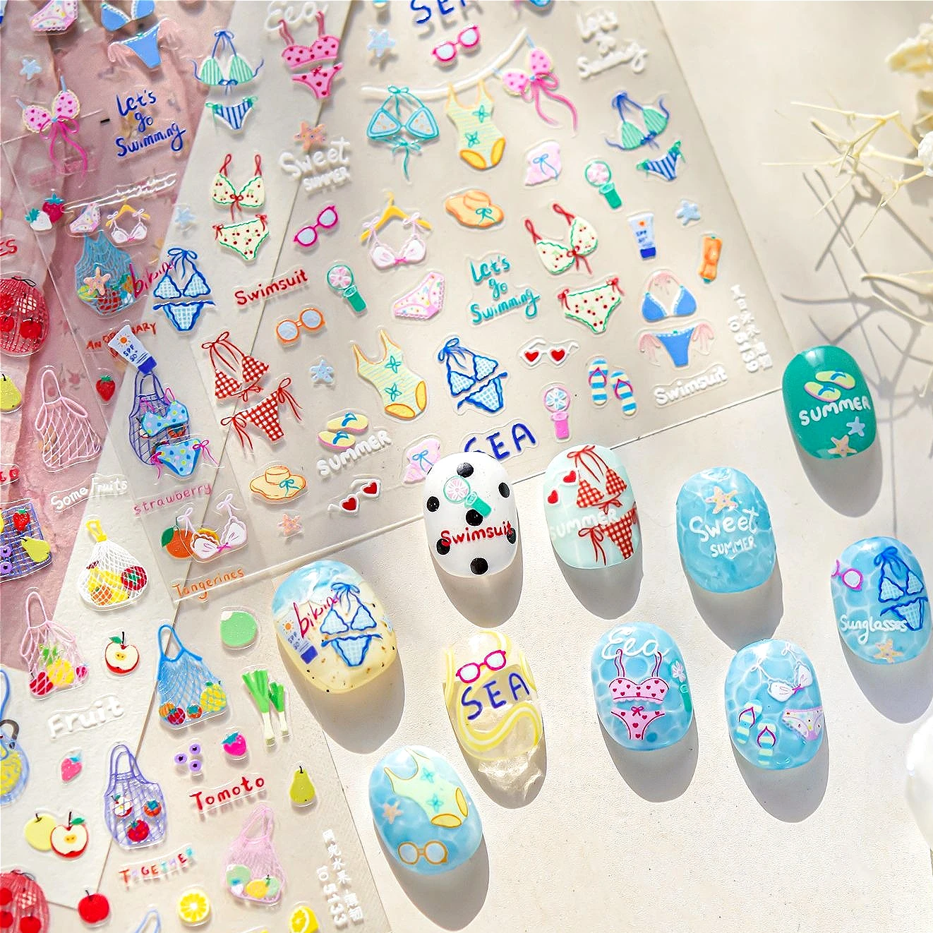 Saco de rede de frutas maçã banana laranjas peras abacaxi tomate garrafa de suco de verão biquíni gato concha peixinho dourado arte do prego adesivos decalques