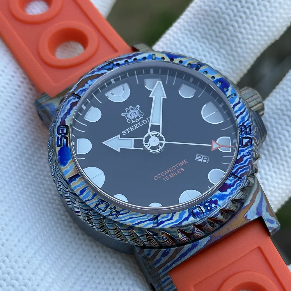 STEELDIVE Men Automatic Watch 46.5mm Titanium Damascus Case Mechanical Wristwatch Deep Dive 1000ATM BGW-9 Luminous Sapphire NH35