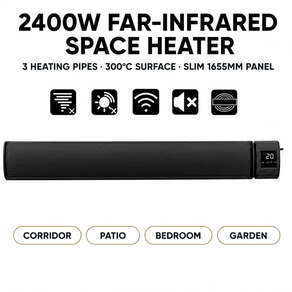 JHheatsup 2400W WiFi Smart LED Digital Display Bar Infrared Heater with Waterproof & Overheat Protection for Home EU Outdoor Use
