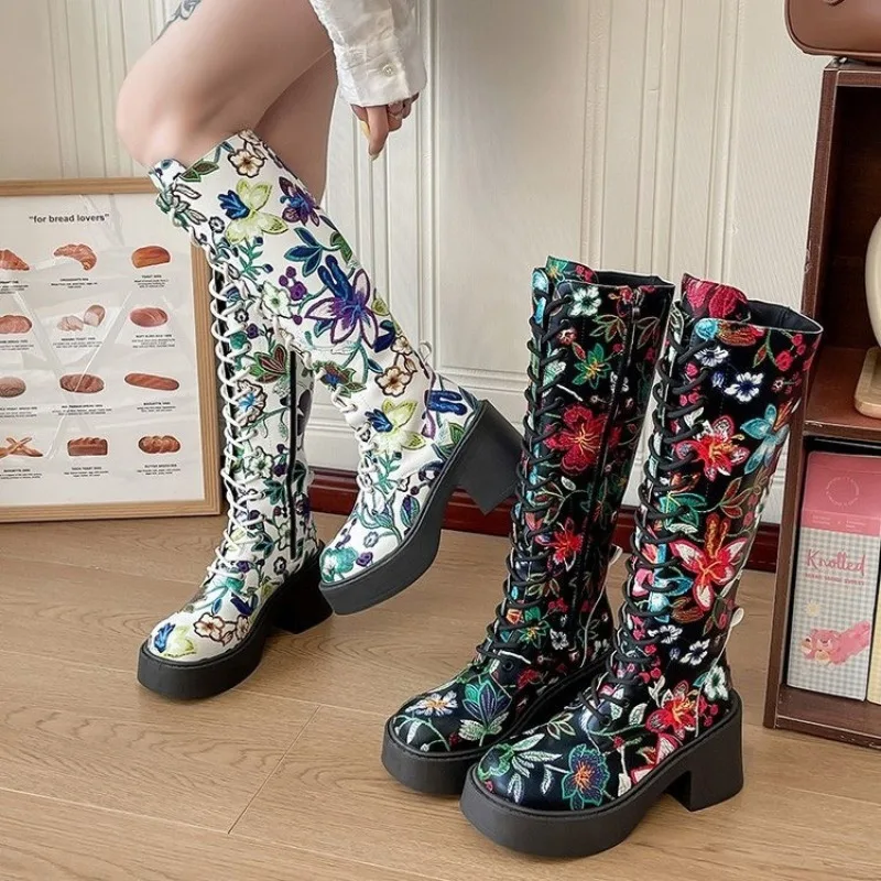 2025年秋新作-グラフィティ柄ニーハイブーツ-レディース-秋冬新作-プリントプラットフォームシューズ-ハイヒール-ロングブーツ