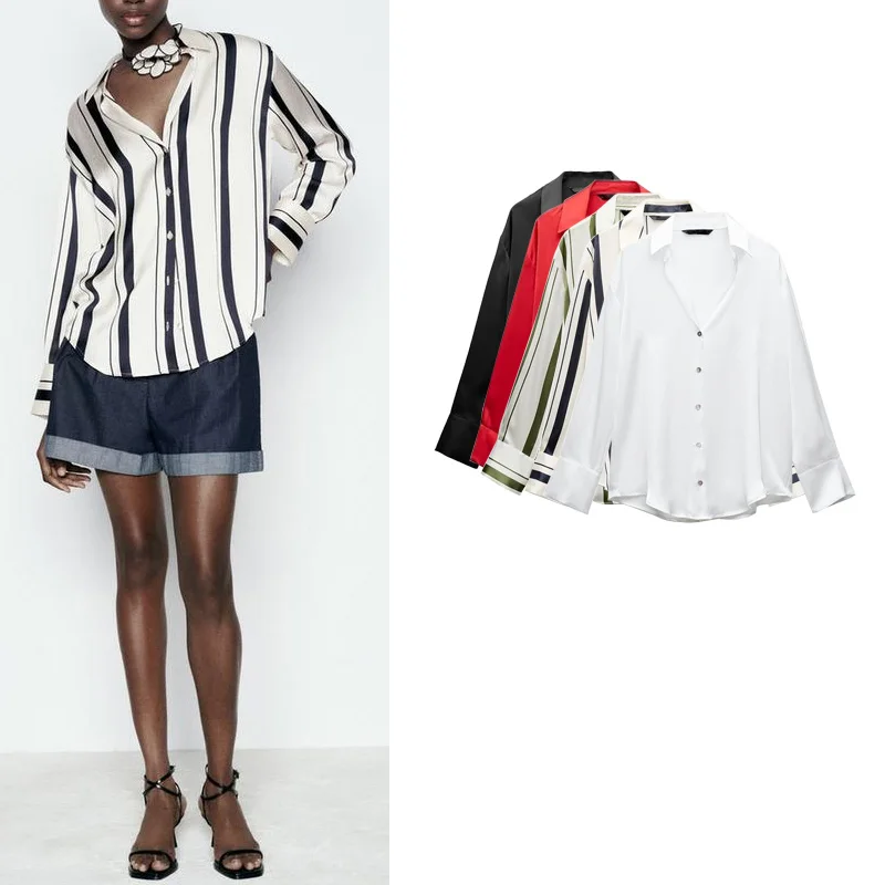 

Spring New Arrival Women's irt Silk Satin Print Stripe Long Sve Collar Regular Fit Straight Tube Polyester Fiber