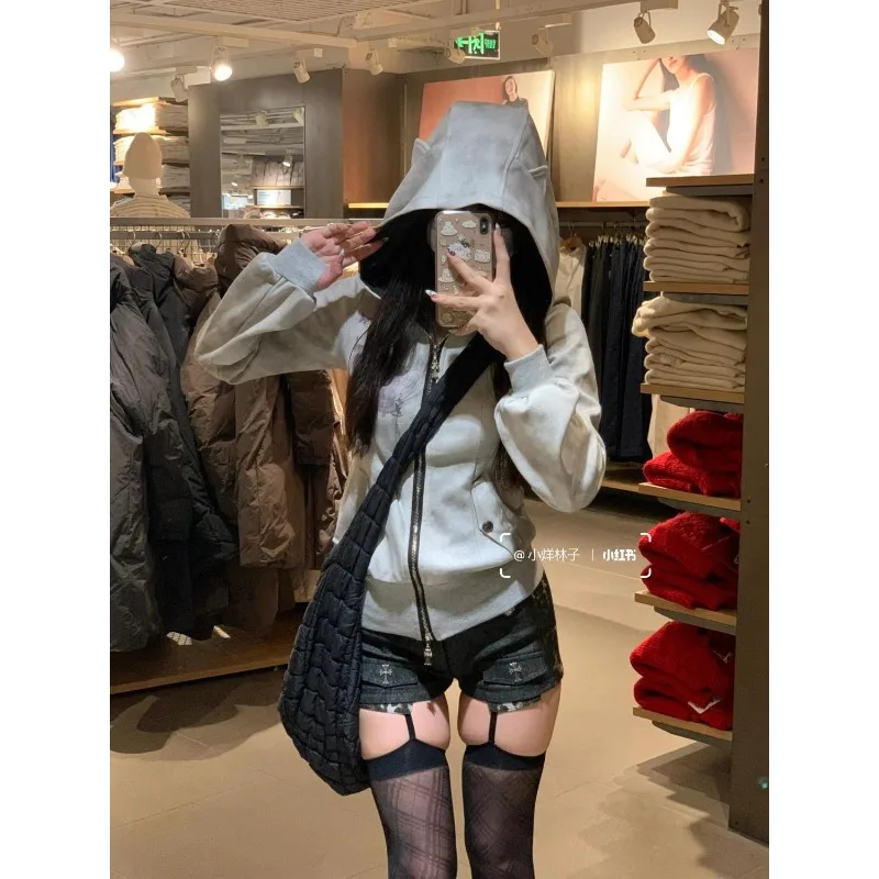 Y2k Women Autumn Winter New Style Cultivate One's (moral) Character Overcoat Grey Hooded Hoodie Divine Church Printing Cardigan