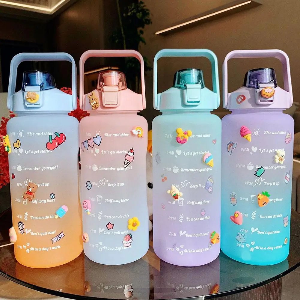 YOUZI Gradient Color Water Bottle With Time Scale Reminder 2l Large Capacity Frosted Cup With Bounce Lid Cute Stickers