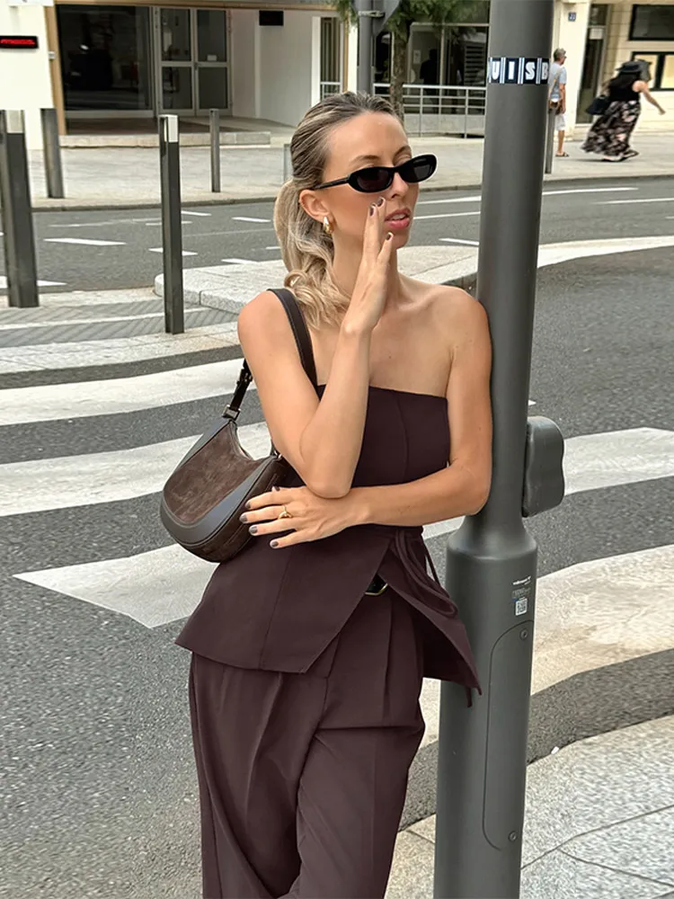 여성 바지 세트 섹시한 백 레이스 스트랩 민소매 레이스 업 조끼 느슨한 넓은 다리 바지 정장 여성 여름 패션 레이디 의상