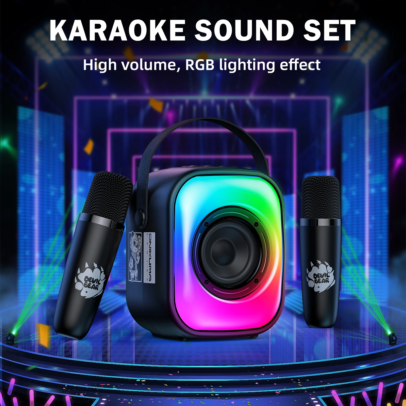 Onikuma High Power Karaoke Wireless Speaker with Dual Microphone Integrated Home Karaoke RGB LED Light Wireless Subwoofer