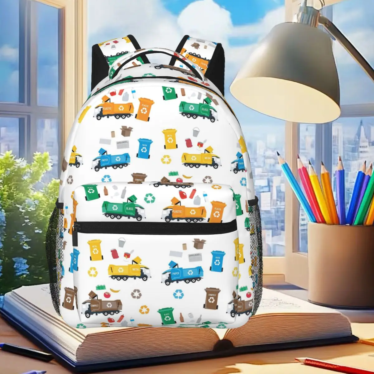 

Colorful Recycling Garbage Trucks & Bins Student Backpack School Bag Hiking Travel Daypack for Boys Girls Bookbag Shoulder Bags
