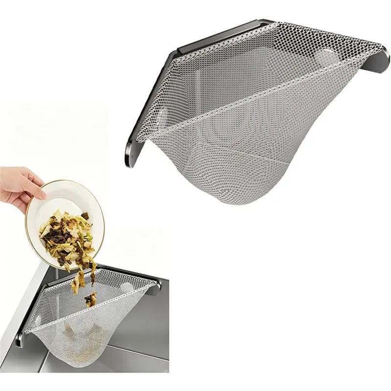 B23B Adhesive Mount Kitchen Sink Drain Catcher Corner Strainer Filtering Mesh Bag Included Filter Basket For Food Scraps