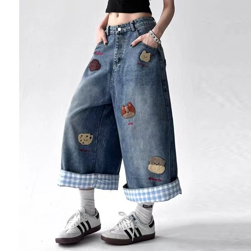 washed old puppy embroidered wide-leg denim shorts women's 2025 summer retro loose  thin cropped pants