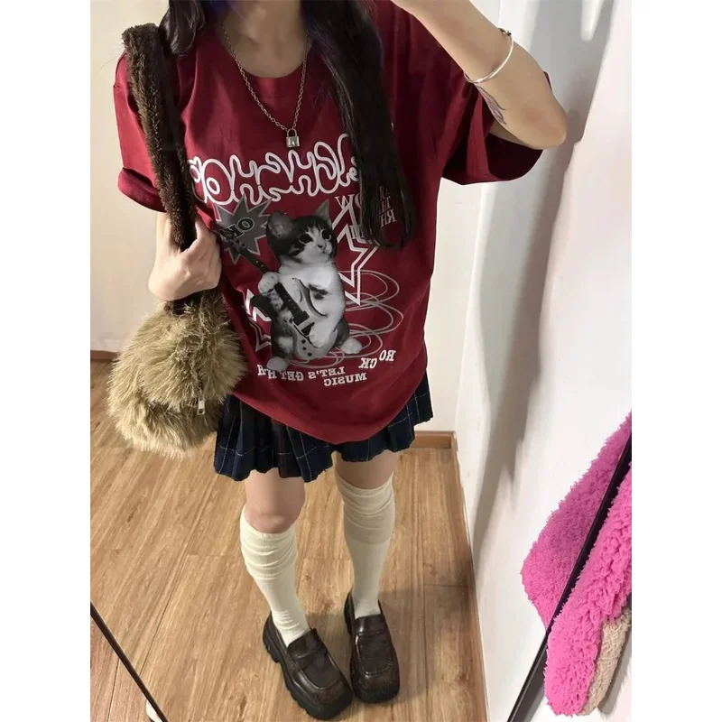 

❤ ❤ HOUZHOU 2021, красные футболки с принтом Kawaii Cat, женские футболки в стиле Харадзюку, большие топы в стиле панк, милые футболки с короткими рукавами и графикой, новинка ★ ☆