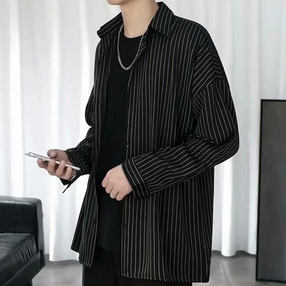 Fall Spring Men Shirt Turn-down Collar Striped Shirt Single-breasted Long Sleeve Casual Japanese Style Men Mid Length Top