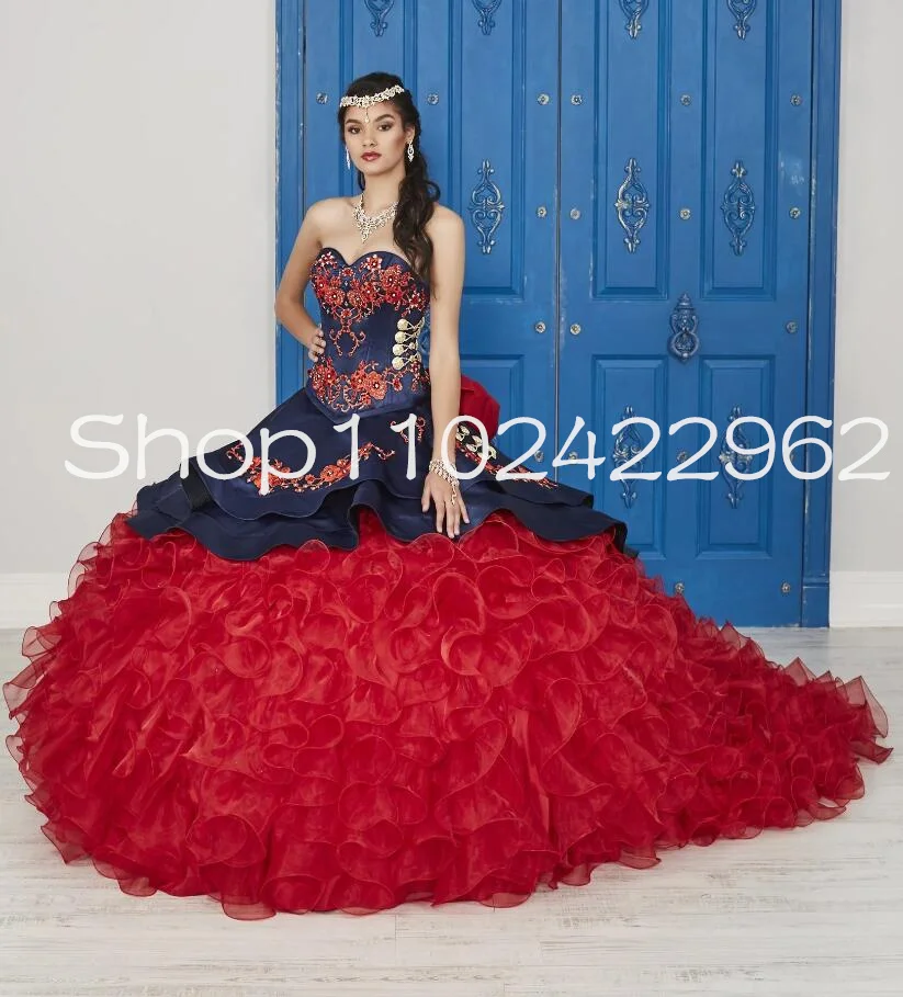 

Navy blue Red Ruffles Floral Charro Quinceanera Dresses Lace Beaded Embroidery Big Bow Corset Vestidos de 15 años