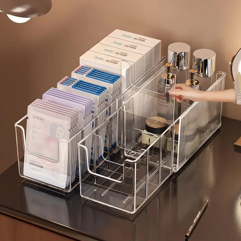 

Extendable Acrylic Makeup Organizer With Removable Divider Large Capacity Transparent Storage Box For Face Masks Cosmetics Tools