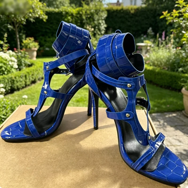 Royal Blue Patent Leather High Heel Sandals Women Pointed Open Toe Cutout Ankle Wrap Stiletto Heels Nightclub Party Shoes