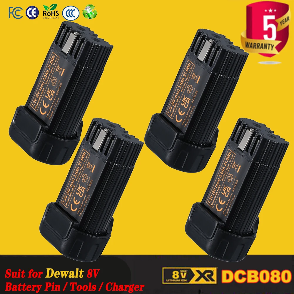 

1/2/4 шт., 3,0 Ач, 8 В, DCB080, замена для DEWALT, 8 В, штифт аккумулятора, совместимый с DCF680N1 DW4390 DCF680N2 DCF680G2, литий-ионный аккумулятор