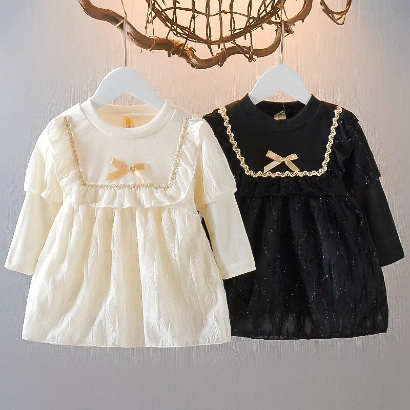 0-3 Baby Girl Dress Spring and Autumn Girls' Long Sleeve Fashion Splicing Glitter Bow Wave Pleated Skirt Princess Dress