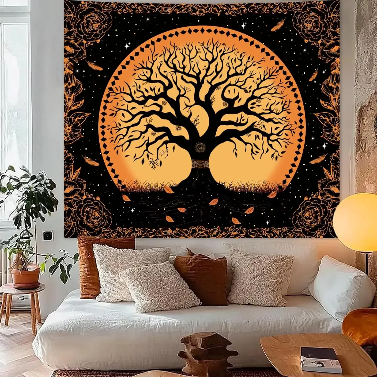 Tree of Life Vintage Tapestry for Bedroom Aesthetic,Boho Moon Floral Stars Wall Hanging, Hippie Black and Orange Nature Withered