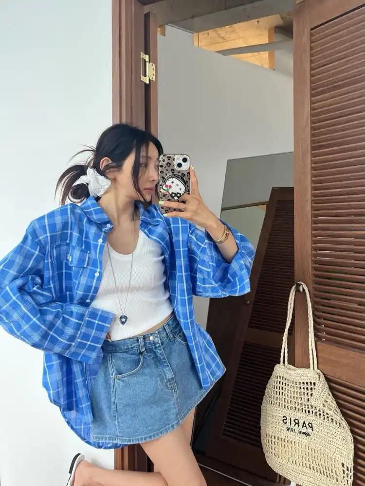 

Женская свободная рубашка в клетку с эффектом похудения, с двойными карманами, отложным воротником, универсальная, из смесового хлопка и полиэстера, повседневный топ