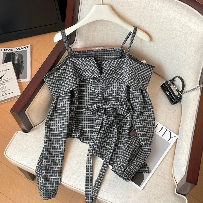 Women Stylish Vintage Plaid Blouse Sexy Sweet Off Shoulder Lace-up Bow Shirt Spaghetti Strap Asymmetrical Long Sleeve Slim Tops