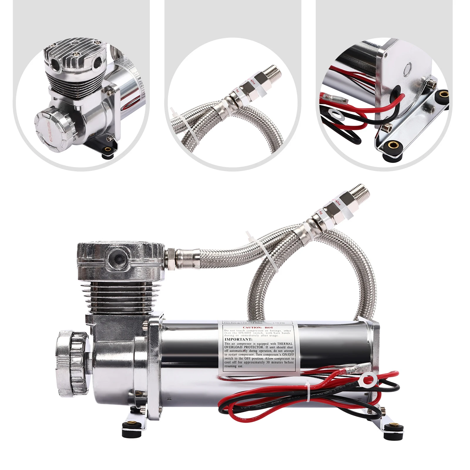 Compressor de ar eficiente – mangueira de 3/8 polegadas, motor de cobre, inflação rápida, filtro de óleo e umidade