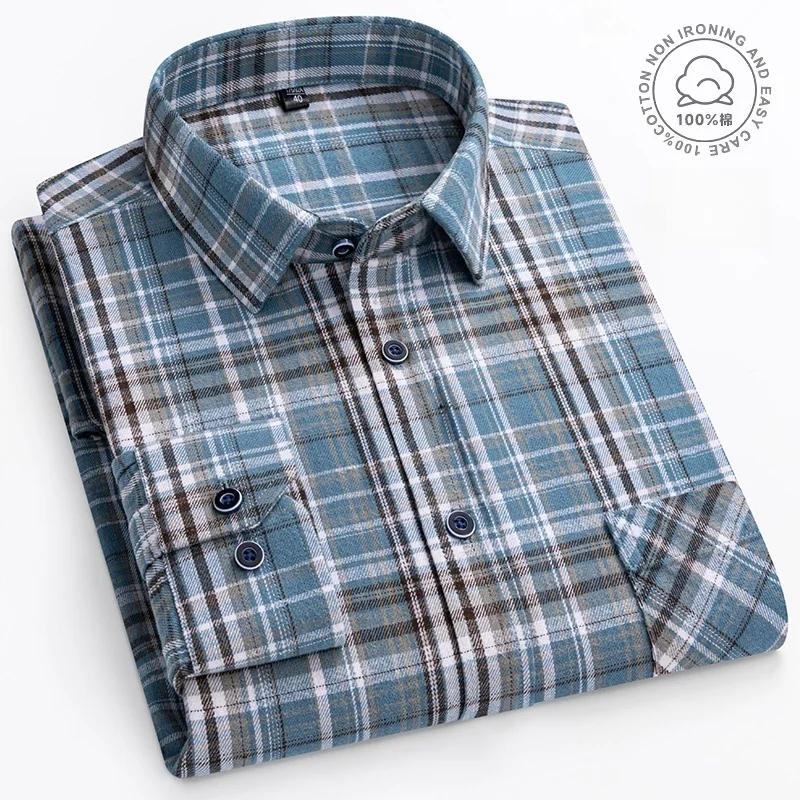 Chemises en flanelle à carreaux pour hommes, manches longues, 100% coton, mode décontractée, douce, coupe Standard, vêtements surdimensionnés pour hommes