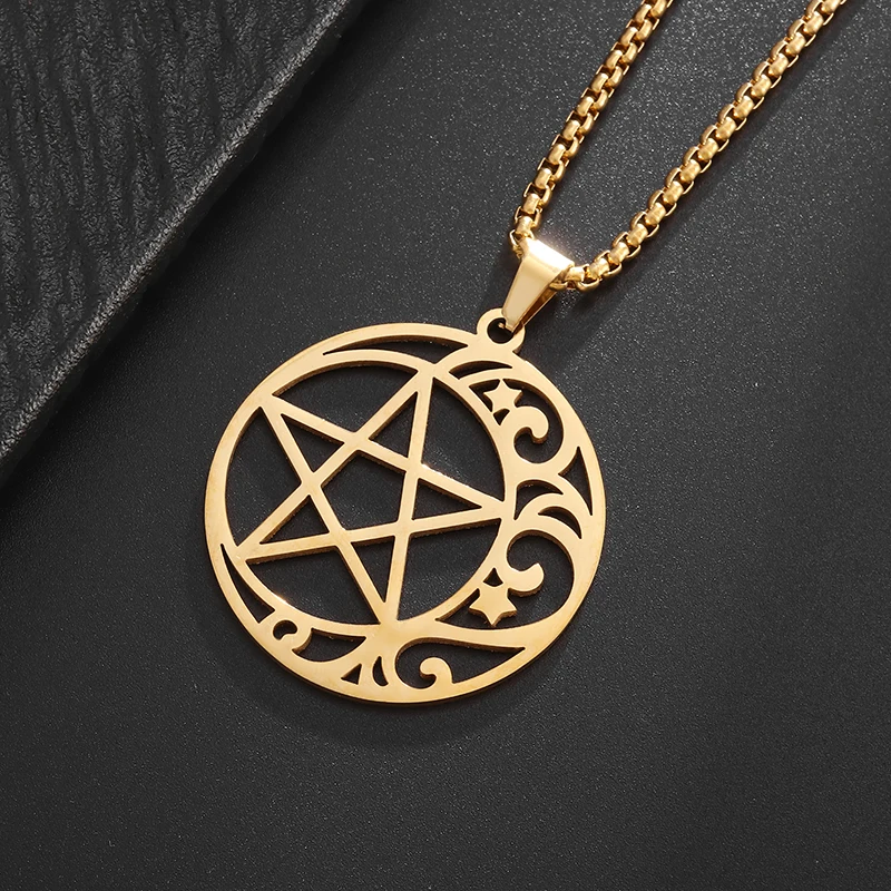 Stainless Steel Cut Magic Pentagram Moon Pendant Necklace for Men Women Celtic Irish Lucky Amulet Jewelry image 4