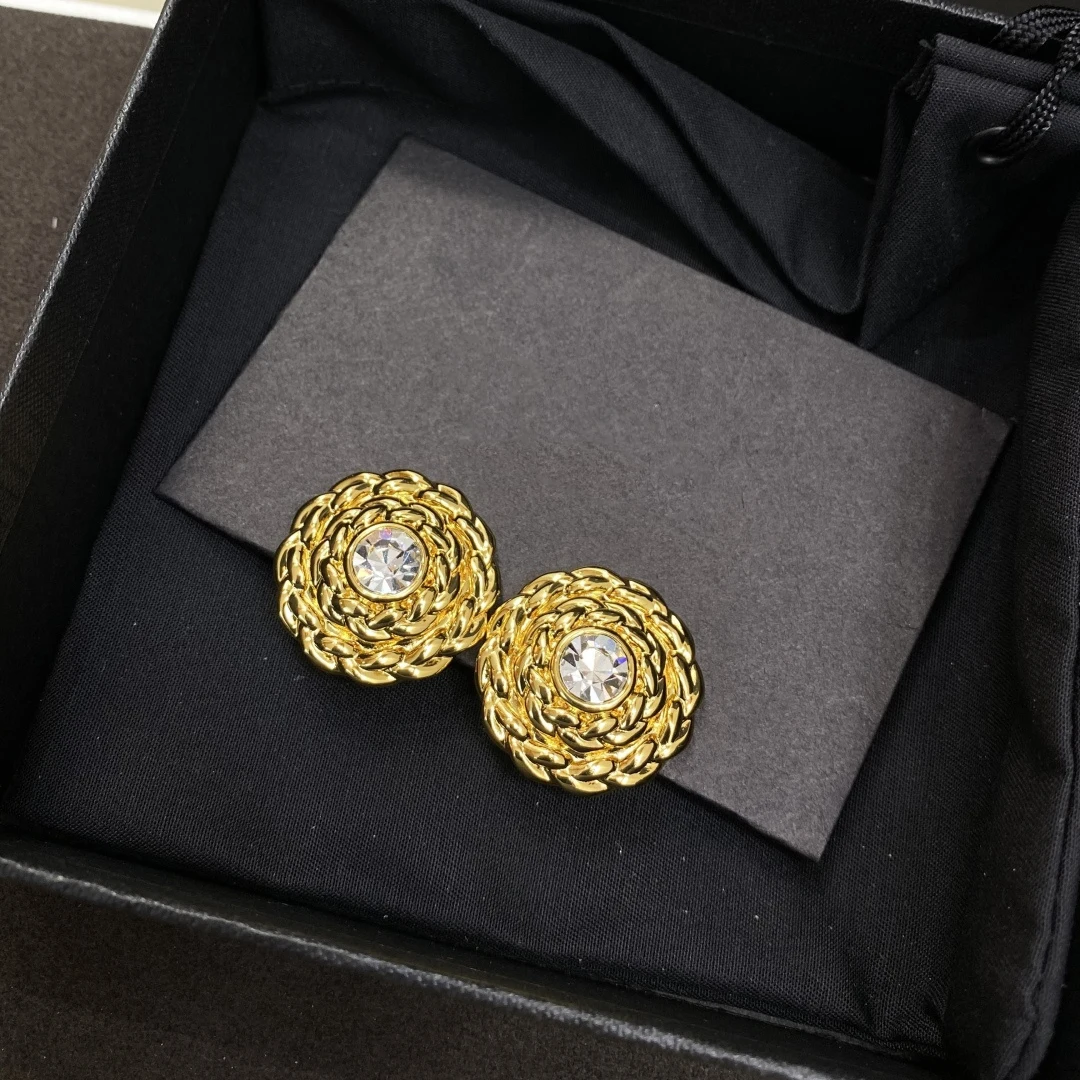 

Vintage Luxury Jewelry Crystal Gold Round Earring Ear Clip Women Top Quality Designer Brand Trend