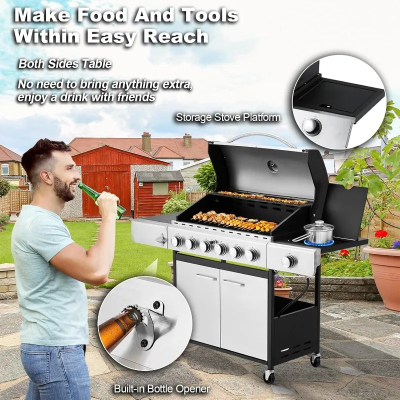 MELLCOM 6 Burner BBQ Propane Gas Grill, 58,000 BTU Stainless Steel Patio Garden Barbecue Grill with Stove and Side Table