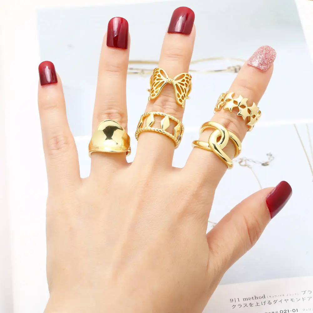 OCESRIO Fashion Polish Crossover Statement Rings for Women Copper Gold Plated Butterfly Star Open Ring Women Jewelry righ45